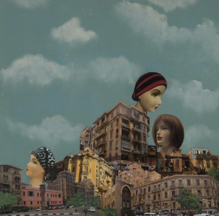 Mannequins and the City | 2015 | Huda Lutfi | Mixed media, photographs, acrylic and oil paint on wood panel | 40 x 40 x 3 cm | Value: USD 6000 |