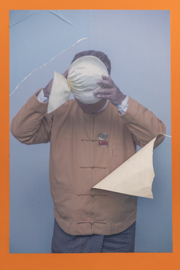 "In August 2020, Father asked my help to take photo of him for upcoming election on November 2020. Among a series of photographs, this one foretold the ominous future." Trails of Absence. Material: Wallpaper Installation Size: 182.88 x 121.92 cm